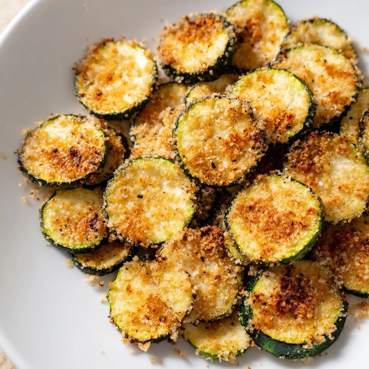 Crispy golden Zucchini Chips, a healthier snack, air-fried to perfection with a light breading.