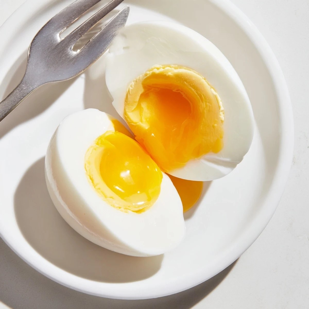 Saftig weiche Air Fryer Boiled Eggs auf einem Teller: perfekt zum Frühstück oder als Snack.