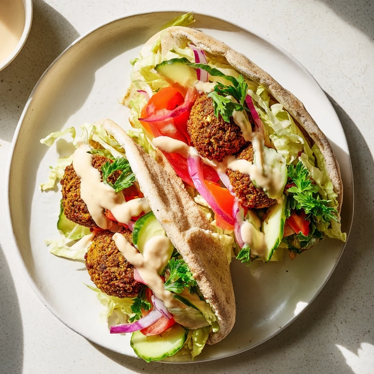 Close-up of a falafel pita pocket with golden-brown falafel, ready to be eaten for a satisfying meal.