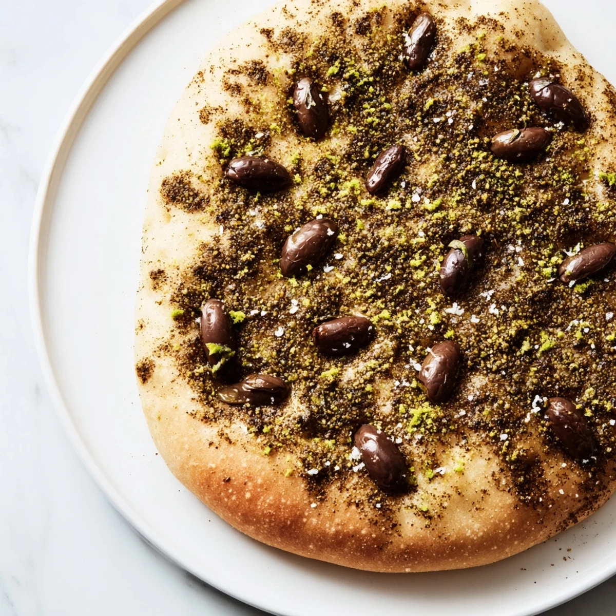 Freshly baked Zaatar Olive Focaccia with a bubbly, dimpled surface, perfect for dipping in olive oil.