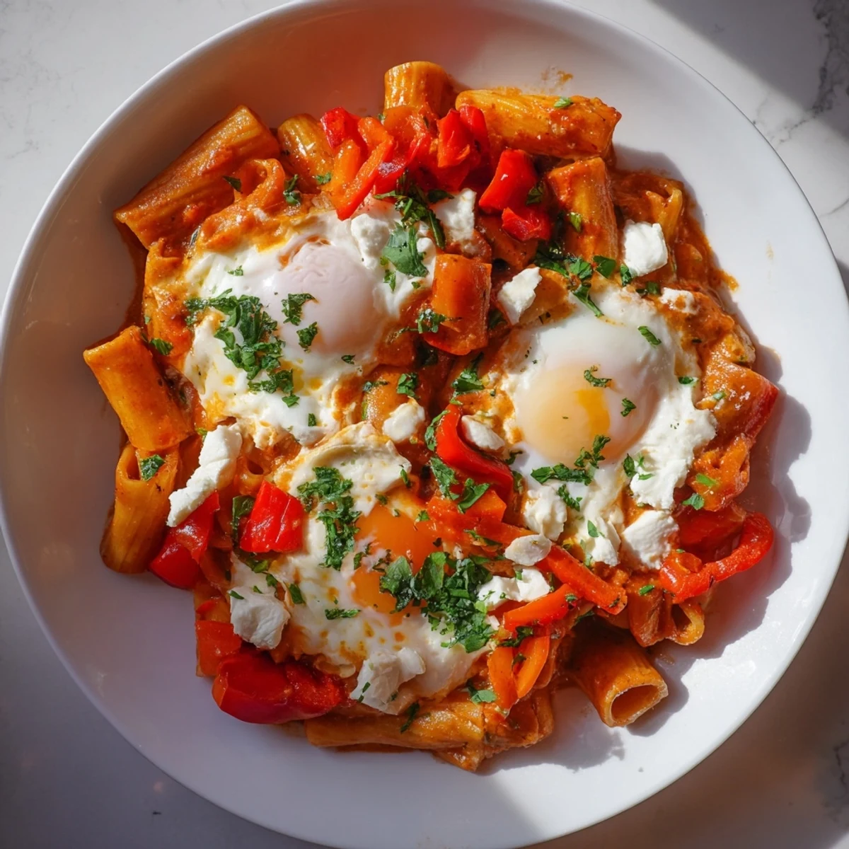A bubbling Shakshuka Baked Pasta with perfectly poached eggs and a rich tomato sauce.