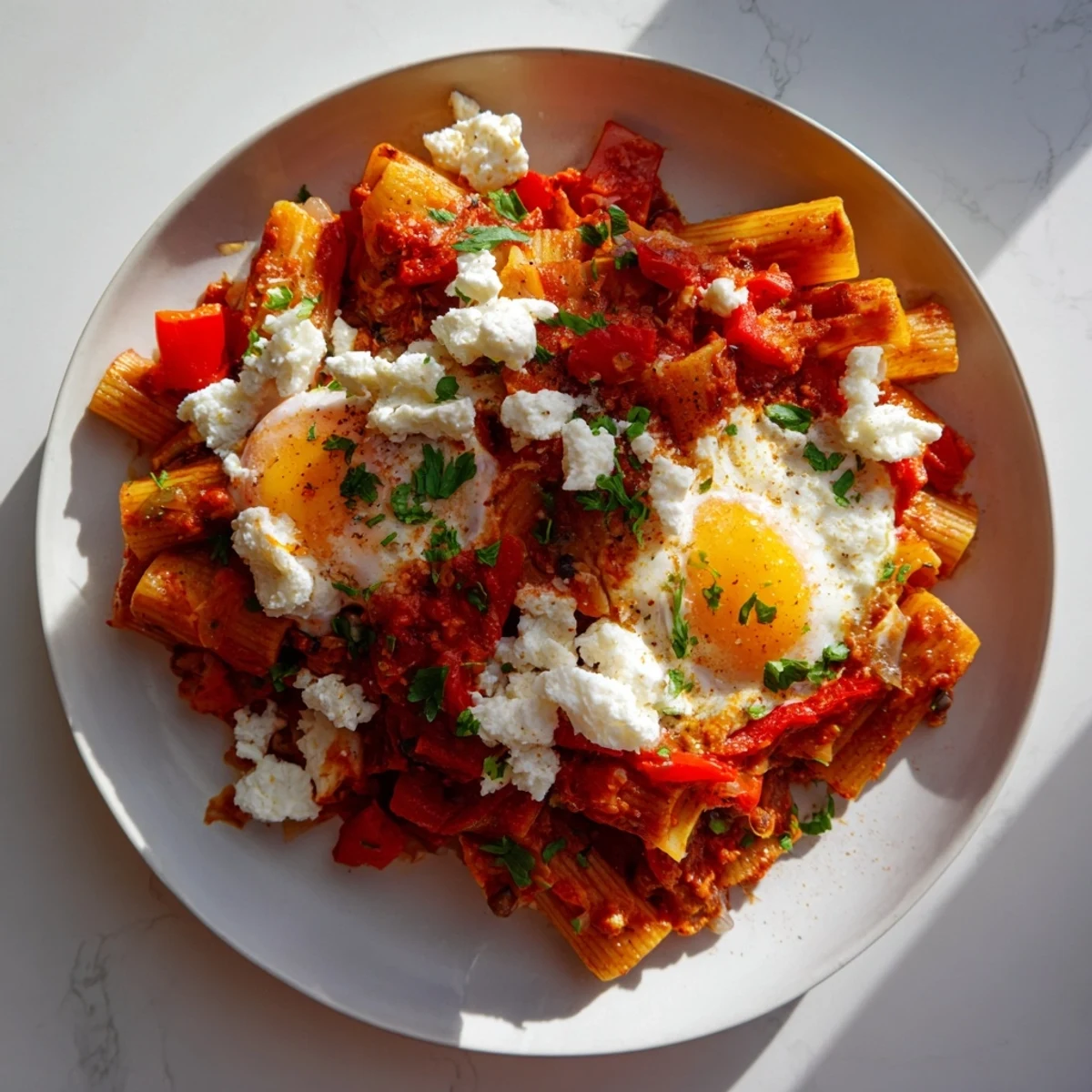 Bright red Shakshuka Baked Pasta, topped with melted mozzarella and fresh herbs, ready to serve.