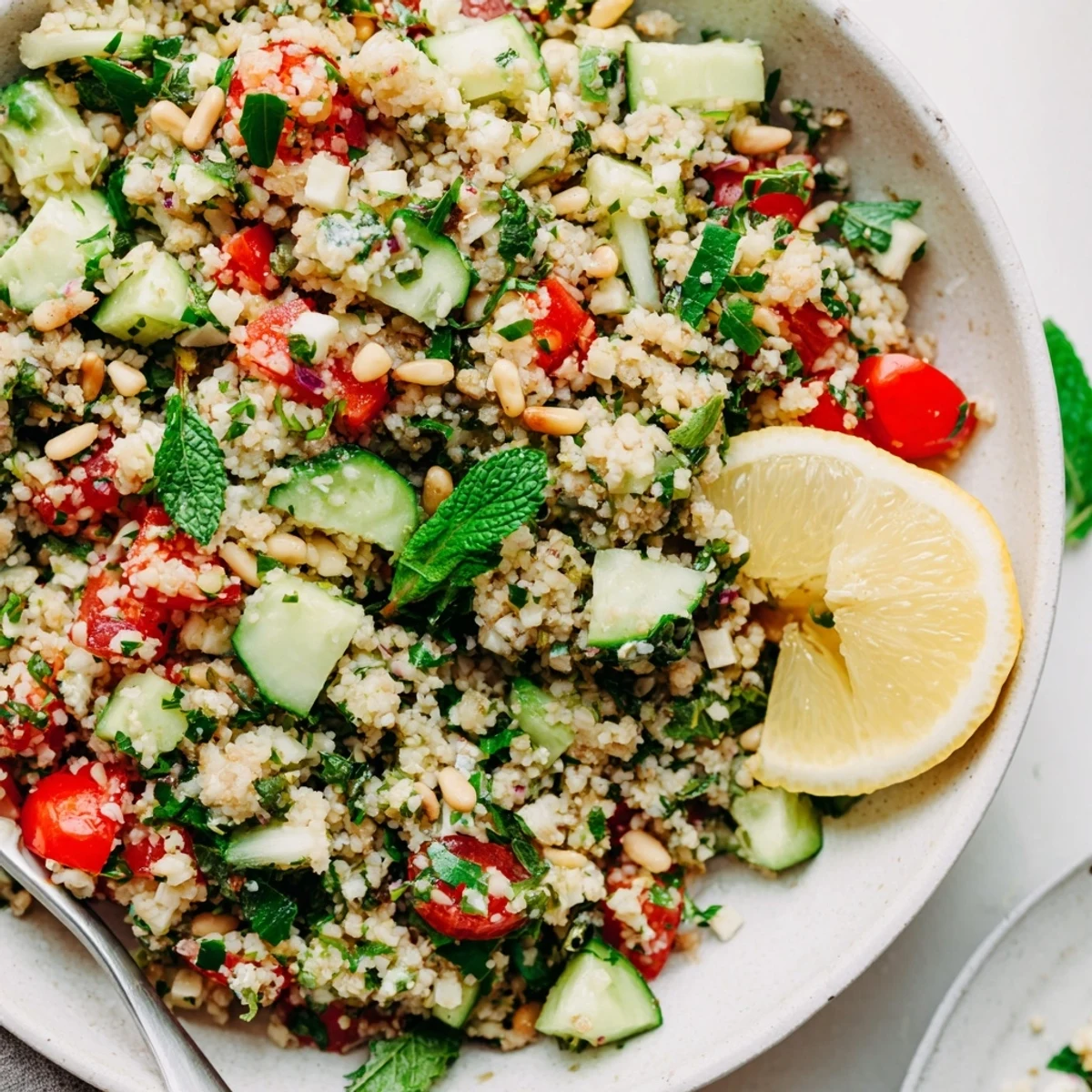 Enjoy a delicious and flavorful serving of tabbouleh grain bowl, topped with toasted pine nuts.
