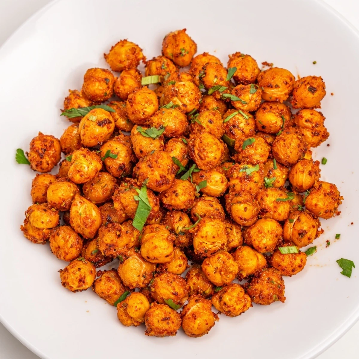 A close-up of flavorful Harissa Chickpea Roast, perfect as a crunchy salad topping, ready to eat.