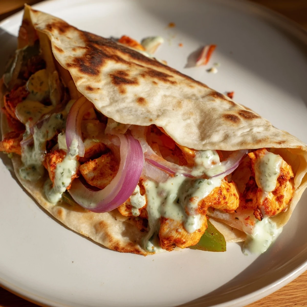Tandoori Chicken Quesadilla, melty cheese and tender chicken visible in a crispy tortilla wrap.