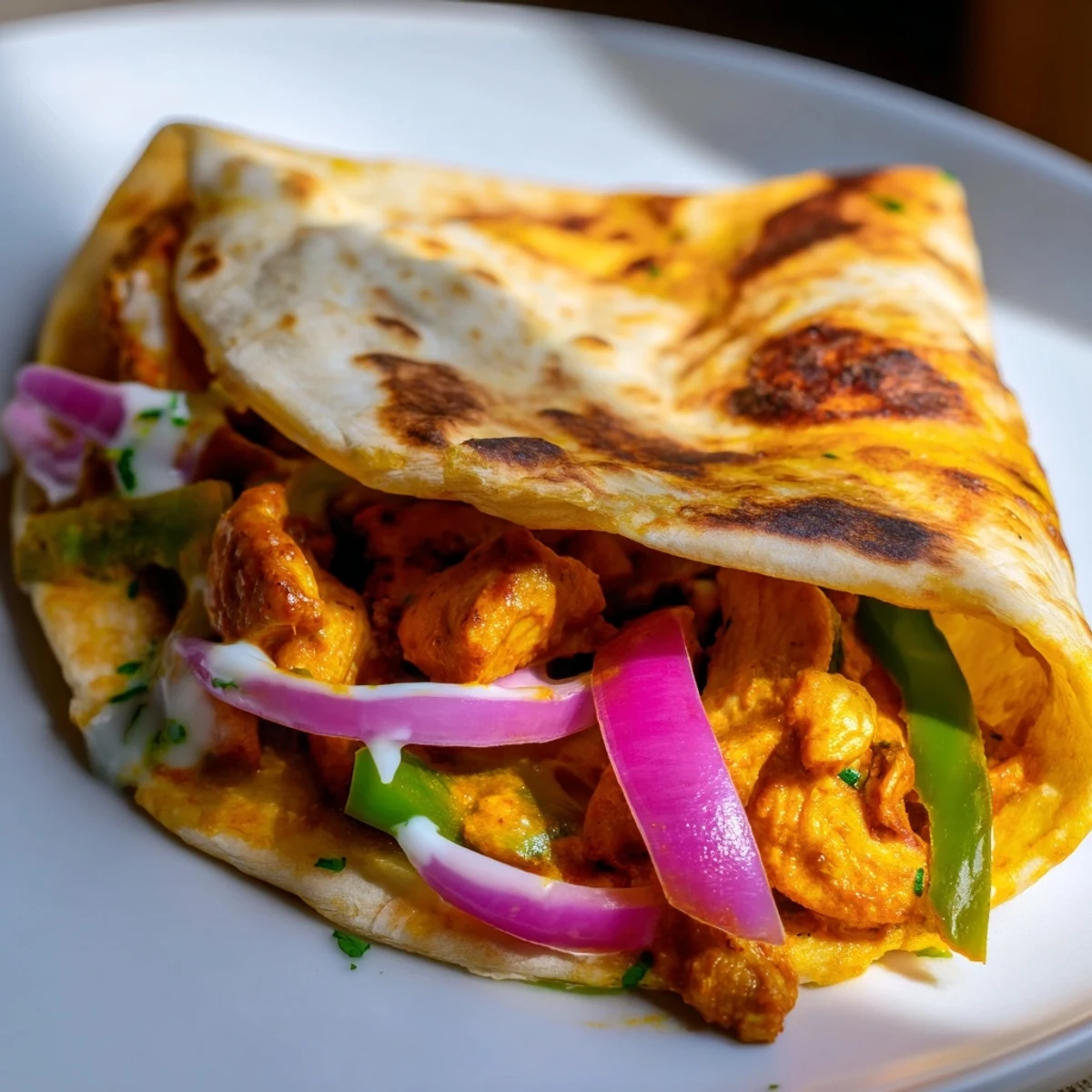 Spicy, sizzling tandoori chicken quesadilla with melted cheese and fresh red onion inside.