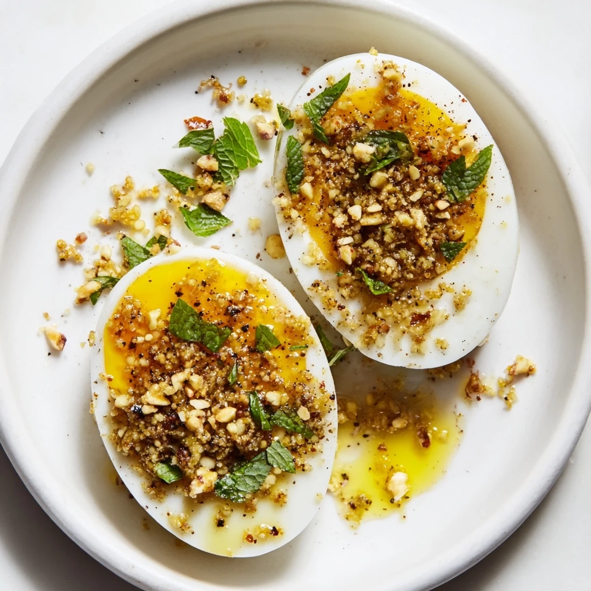 Brightly plated Dukkah-Spiced Eggs, showcasing golden yolks, dukkah spice, and fresh herbs for breakfast.