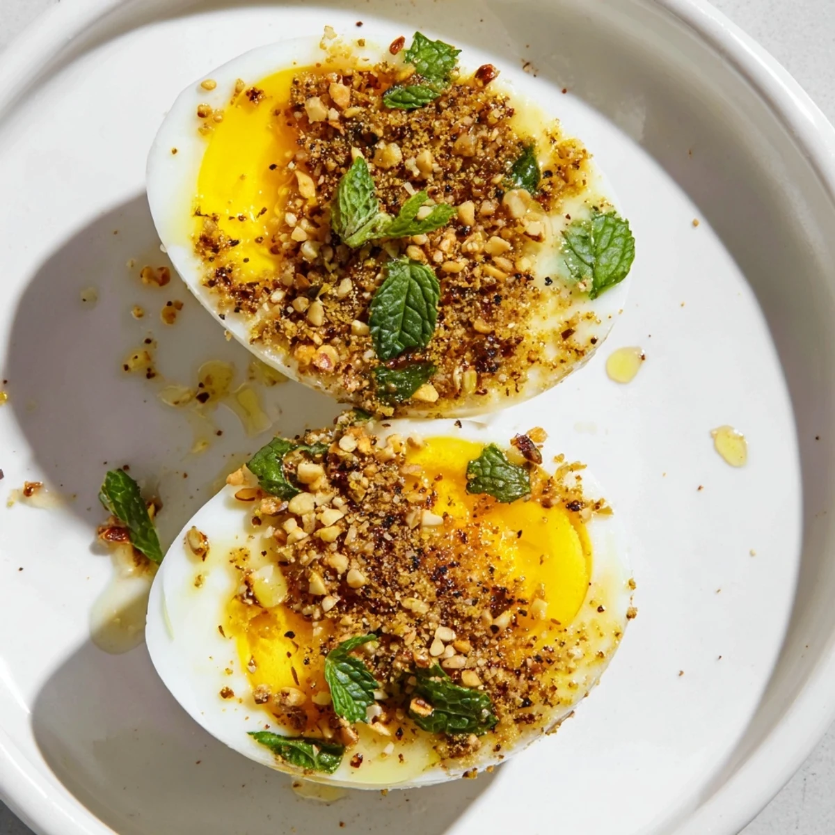 Close-up of Dukkah-Spiced Eggs, with vibrant dukkah seasoning and fresh parsley, ready to enjoy.