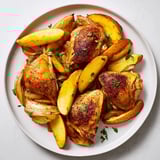 A delicious close-up of sheet pan German-style chicken, showcasing crispy chicken and caramelized onions.