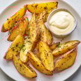 These golden Vegetarian Herb Potato Wedges with Mustard Dip, fresh from the oven, look delicious.