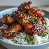 Golden honey garlic chicken wings resting on fluffy rice, garnished with fresh parsley and sesame seeds.