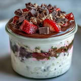 Verführerisches Erdbeer-Schokoladen-Übernacht-Oats-Dessertglas mit knackigen Schokoladenstückchen.  