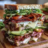 1. Eine bunte, selbstgemachte Sandwich-Platte mit verschiedenen Delikatessfleischsorten, Käsesorten, frischem Gemüse und Brot für ein perfektes Picknick.  