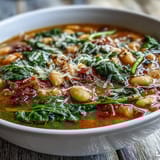 Ein cremiger Topf mit toskanischer weißer Bohnen-Spinat-Suppe, gefüllt mit zarten Gemüse und aromatischen Kräutern.