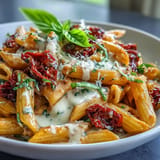 Ein Teller Marry Me Pasta, überbacken mit Parmesan und frischem Basilikum.