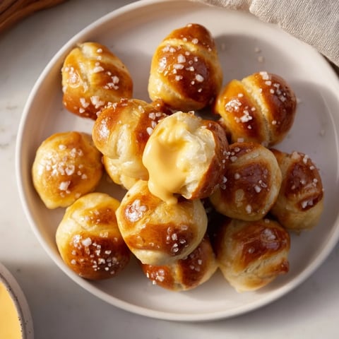 Golden-brown mini pretzel bites served with a creamy beer cheese sauce, perfect for game day snacking.