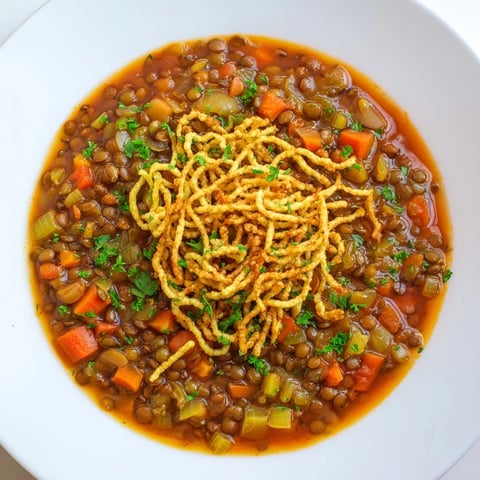 Budget Lentil & Spätzle Bowl: a warm, hearty meal with tender lentils and fluffy Spätzle, garnished with fresh parsley.