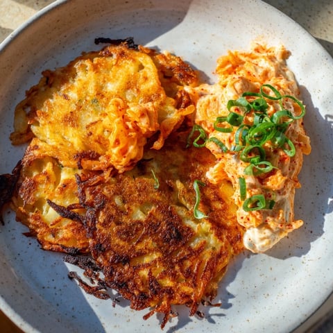 Golden, crispy Potato Pancakes rest beside a vibrant kimchi yogurt dip, a flavorful appetizer.