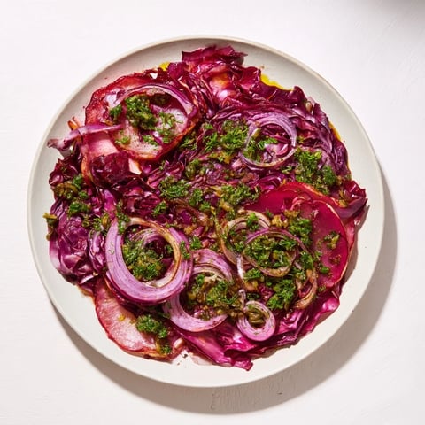Here are the three ALT texts for the recipe "Spiced Red Cabbage Bake with Salsa Verde":