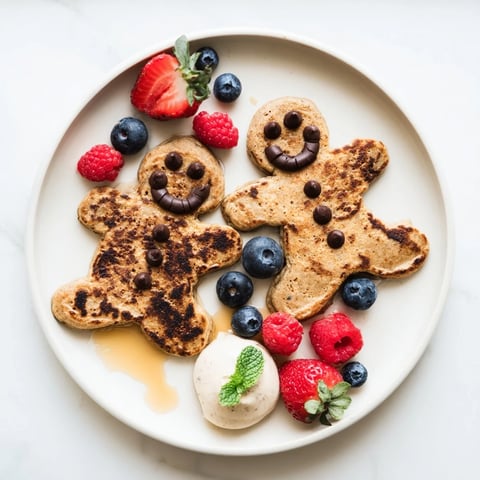 Gingerbread Boy Berry Board with fluffy gingerbread pancakes, fresh berries, and yogurt.
