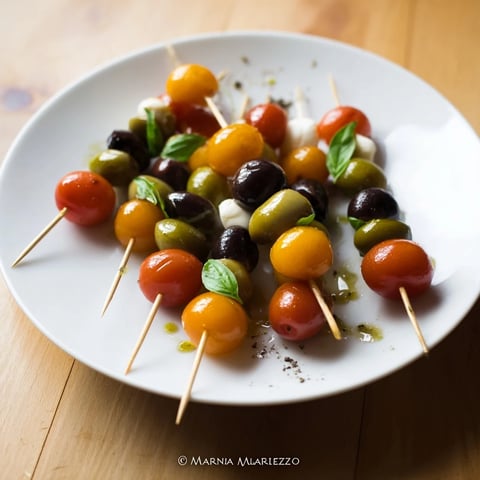 Festive Christmas Lights Olive and Tomato Skewers arranged on a platter ready to be served as an appetizer.