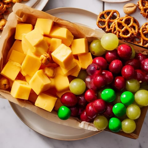Festive Stacked Christmas Gift Snack Tower, brimming with cheddar, pretzels, and colorful candies.
