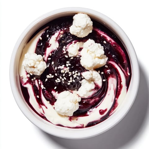 The Galaxy Spiral dessert features swirled berry jam on creamy yogurt, sprinkled with sesame seeds.