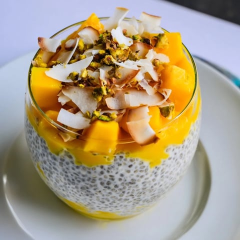 Creamy Mango Coconut Chia Pudding, layered and topped with fresh mango and toasted coconut.