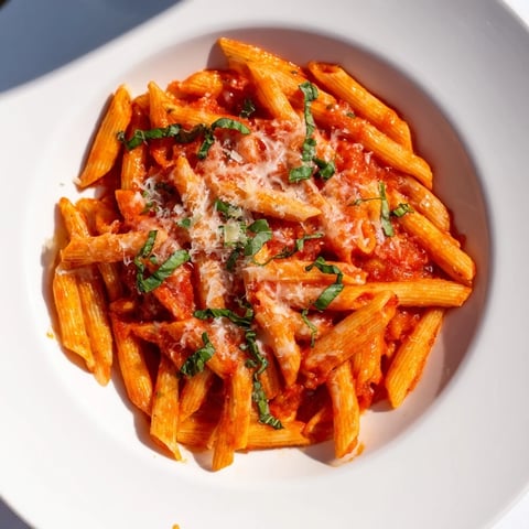 Steaming bowl of Microwave Bowl Pasta, ready to eat with marinara sauce and fresh basil.