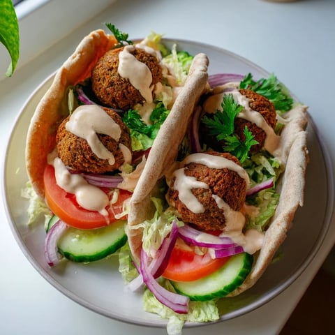 Crispy falafel pita pocket, filled with fresh veggies and creamy tahini, a delicious vegetarian lunch idea.