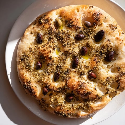 Golden, crispy Zaatar Olive Focaccia, speckled with olives and seasoned with fragrant herbs, ready to serve.