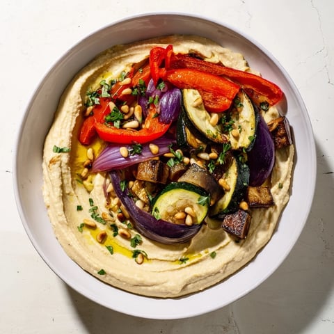 Creamy homemade Hummus Roasted Veggies, loaded with colorful, perfectly charred vegetables, perfect for sharing.