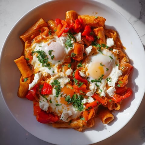 A bubbling Shakshuka Baked Pasta with perfectly poached eggs and a rich tomato sauce.