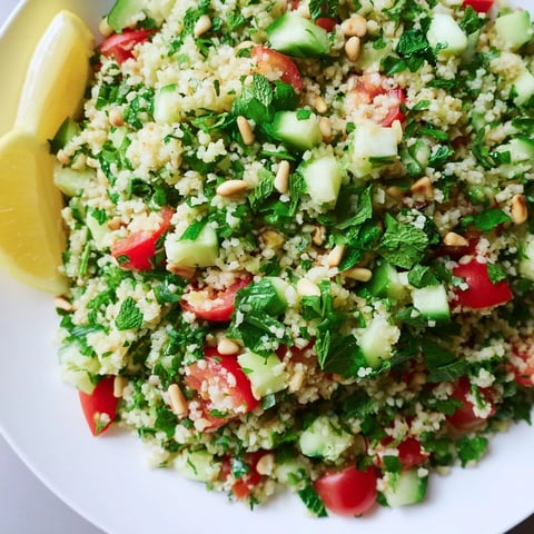 Bright and colorful tabbouleh grain bowl with fresh vegetables, a zesty lemon dressing, and feta.