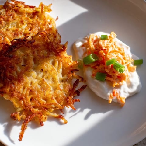 A stack of freshly fried Potato Pancakes with a creamy, spicy kimchi yogurt for dipping is visible.