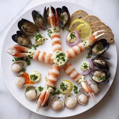 This flavorful starfish & shell appetizer board shows off colorful seafood with dipping sauces and garnishes.