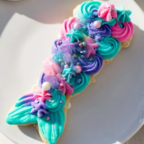 Bright and colorful mermaid tail sweets frosted with swirly buttercream and edible glitter, ready to serve and enjoy.