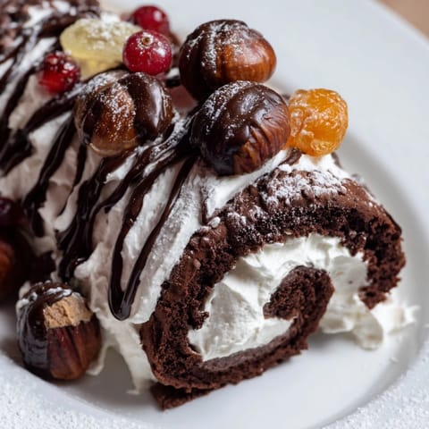 Festive Winter Warmer dessert board featuring a chocolate roulade, candied oranges, and a delightful fireplace theme.