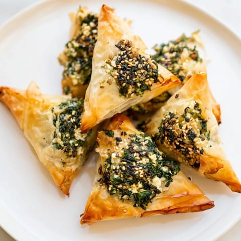 Close-up of baked Mini Spanakopita Triangles: flaky phyllo pastry and savory spinach feta filling, a vegetarian delight.
