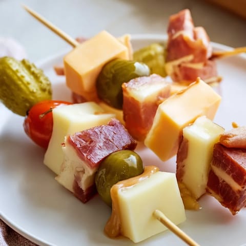 Fleisch Käse Pickle Spieße