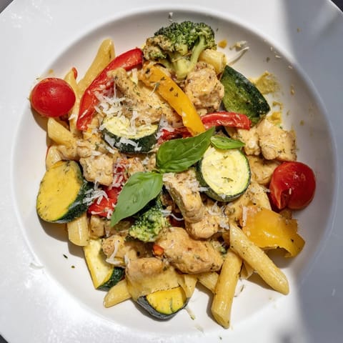 This 5-4-3-2-1 Pasta Primavera features golden chicken and a creamy sauce seasoned with herbs.