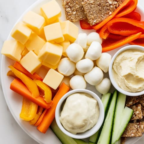 Delicious veggie snack board featuring colorful vegetables, cheeses, and crunchy crackers for lunch.