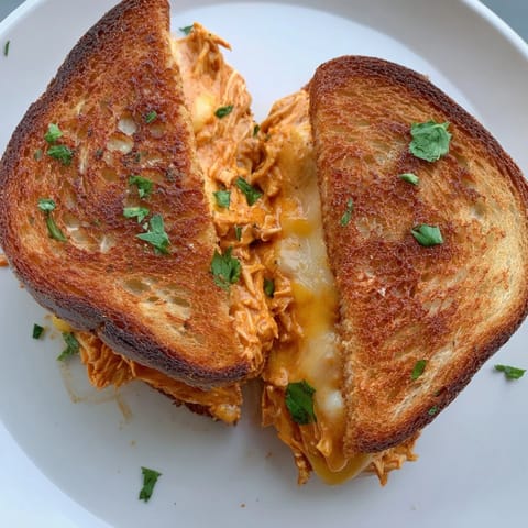 Mouthwatering, golden Savory Butter Chicken Grilled Cheese, a delicious comfort food sandwich.