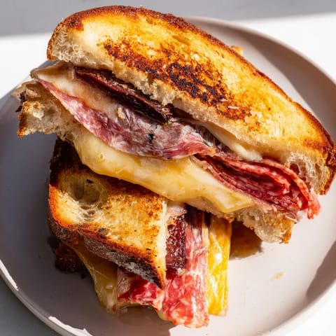 Freshly grilled Charcuterie Grilled Cheese, oozing cheese and meats, perfect for lunch or dinner.
