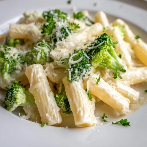 A close-up of Cream Cheese Garlic Pasta shows perfectly cooked penne bathed in a luscious sauce.