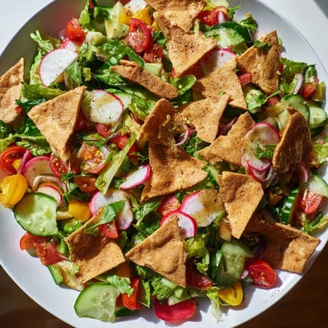 Fragrant Fattoush Crunch Salad with vibrant greens, tomatoes, and golden pita chips, ready to enjoy.