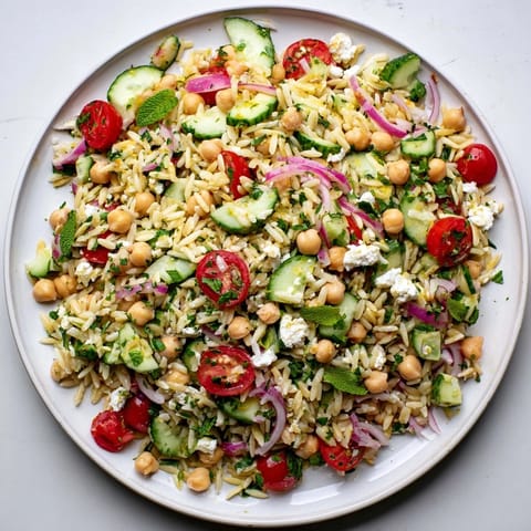 Ein frischer Lemony Chickpea Orzo Salad mit knackigen Gurken, roten Zwiebeln und Kräutern, angereichert mit cremigem Feta und einem zitronigen Dressing.  