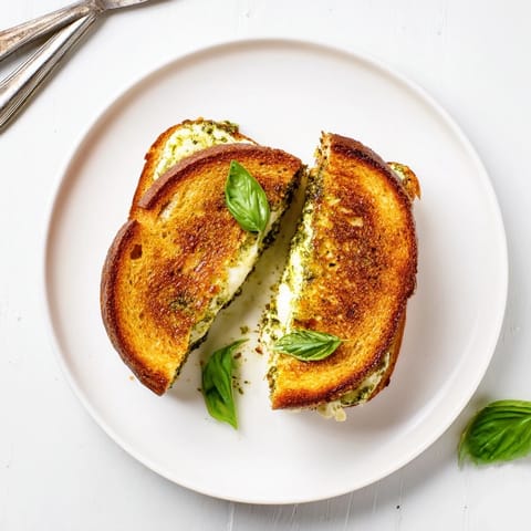 Golden-brown Caprese Pesto Grilled Cheese sandwich with melted mozzarella and fresh tomato slices on rustic bread.  