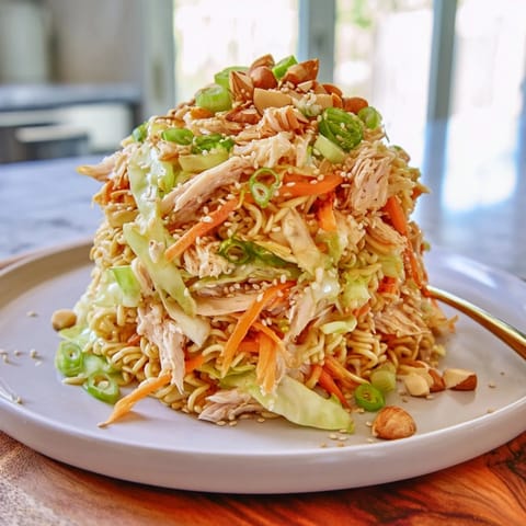 Frische Crunchy Ramen Chicken Salad mit knusprigen Nudeln, zarter Hähnchen und cremiger Sesamdressing, garniert mit Toastmandeln.