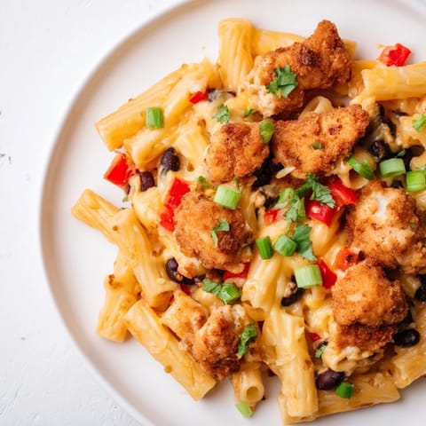Crispy Chicken Burrito Pasta in a skillet, golden chicken pieces atop cheesy, saucy pasta, with cilantro and lime.